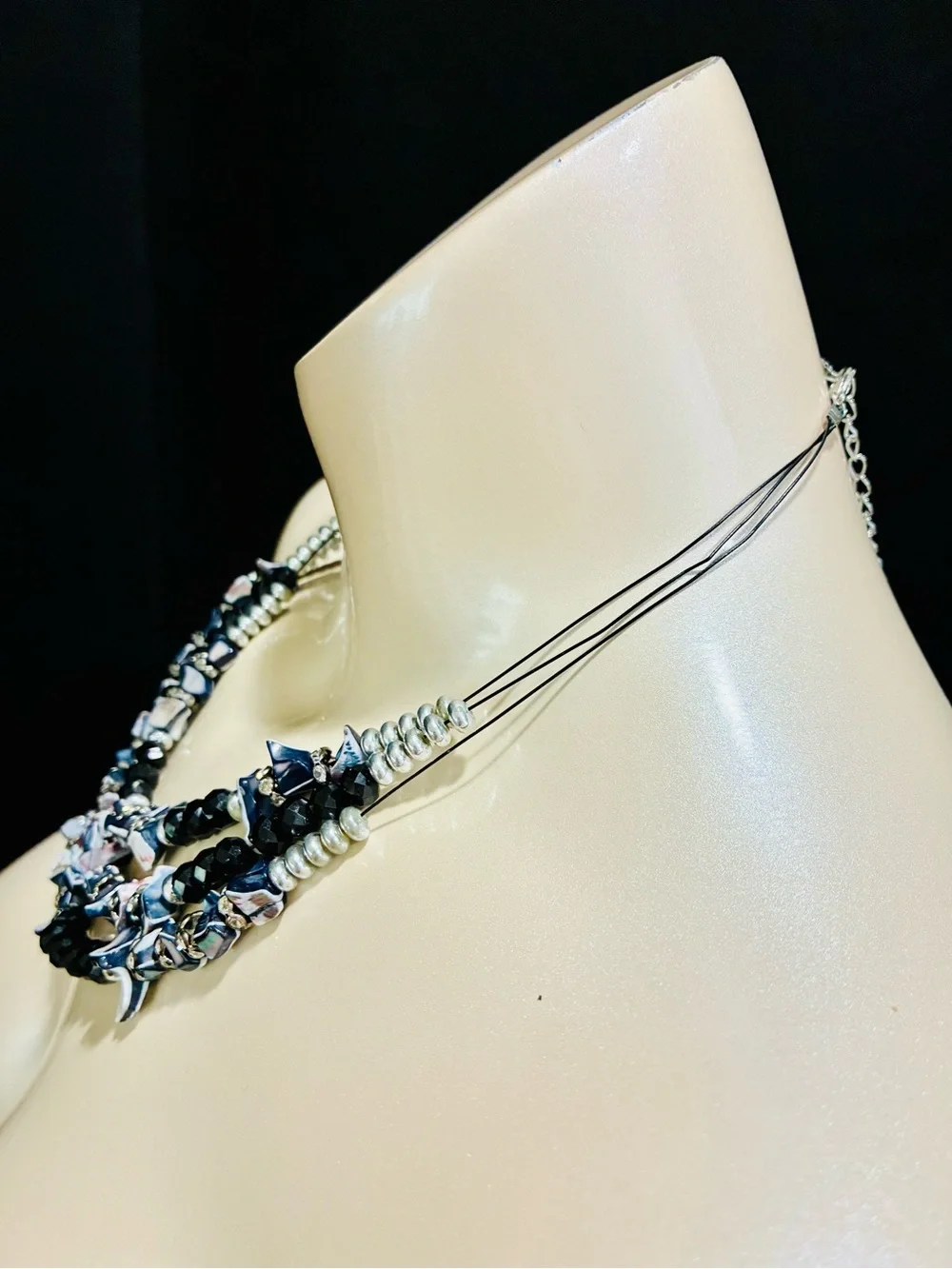 Multi-Strand Mother Of Pearl Chunky BLK & Iridescent Beaded Statement Necklace